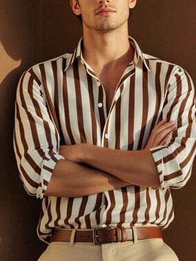 Brown Men's Striped Button Front Regular Fit Lightweight Shirt